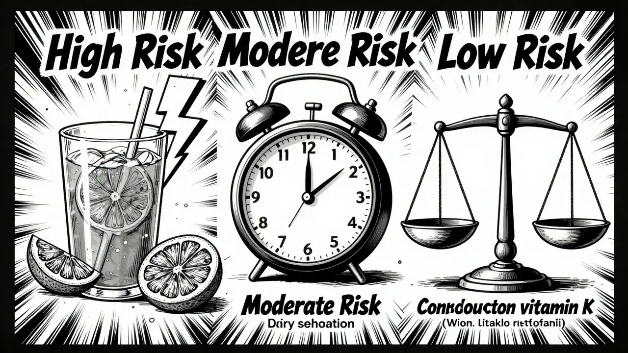 Symbolic Gekiga-style graphic novel image representing high, moderate, and low risk food-drug interactions through stark black-and-white visual metaphors like lightning bolts and clocks.