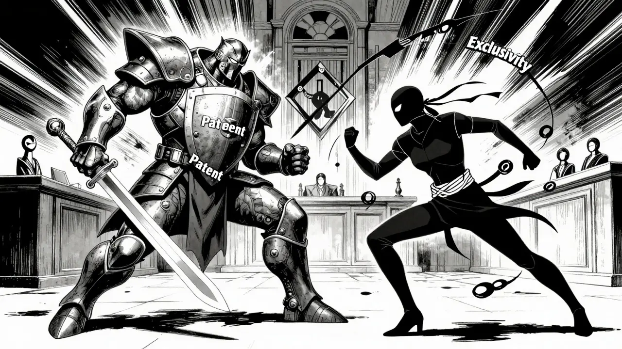 Armored patent figure battling exclusivity ninja in high-contrast Gekiga manga art