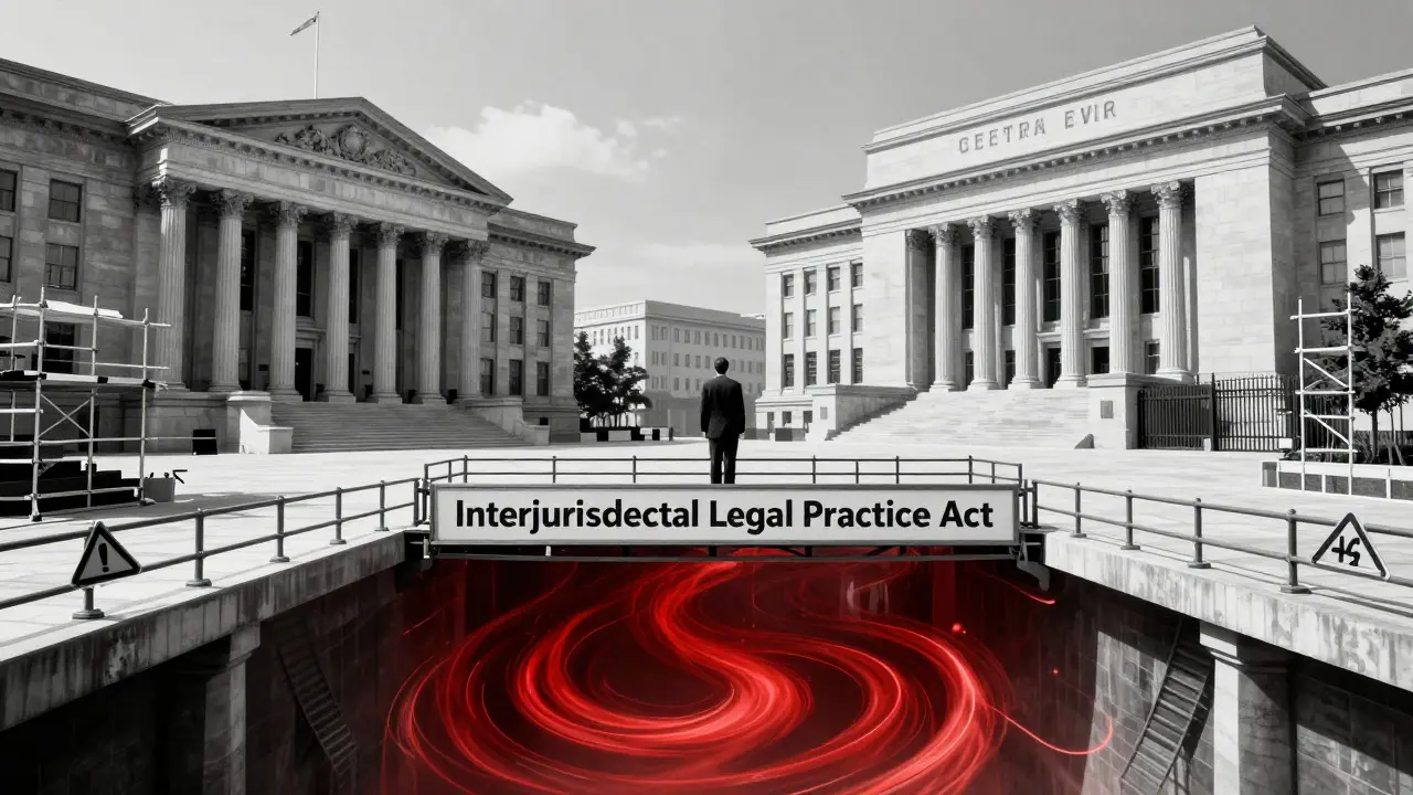 Conceptual Gekiga art of an attorney bridging state and federal courts amidst legal chaos.