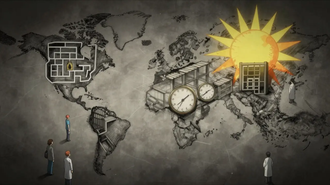 Global map of drug regulations shown as mazes and grids in gritty Gekiga style