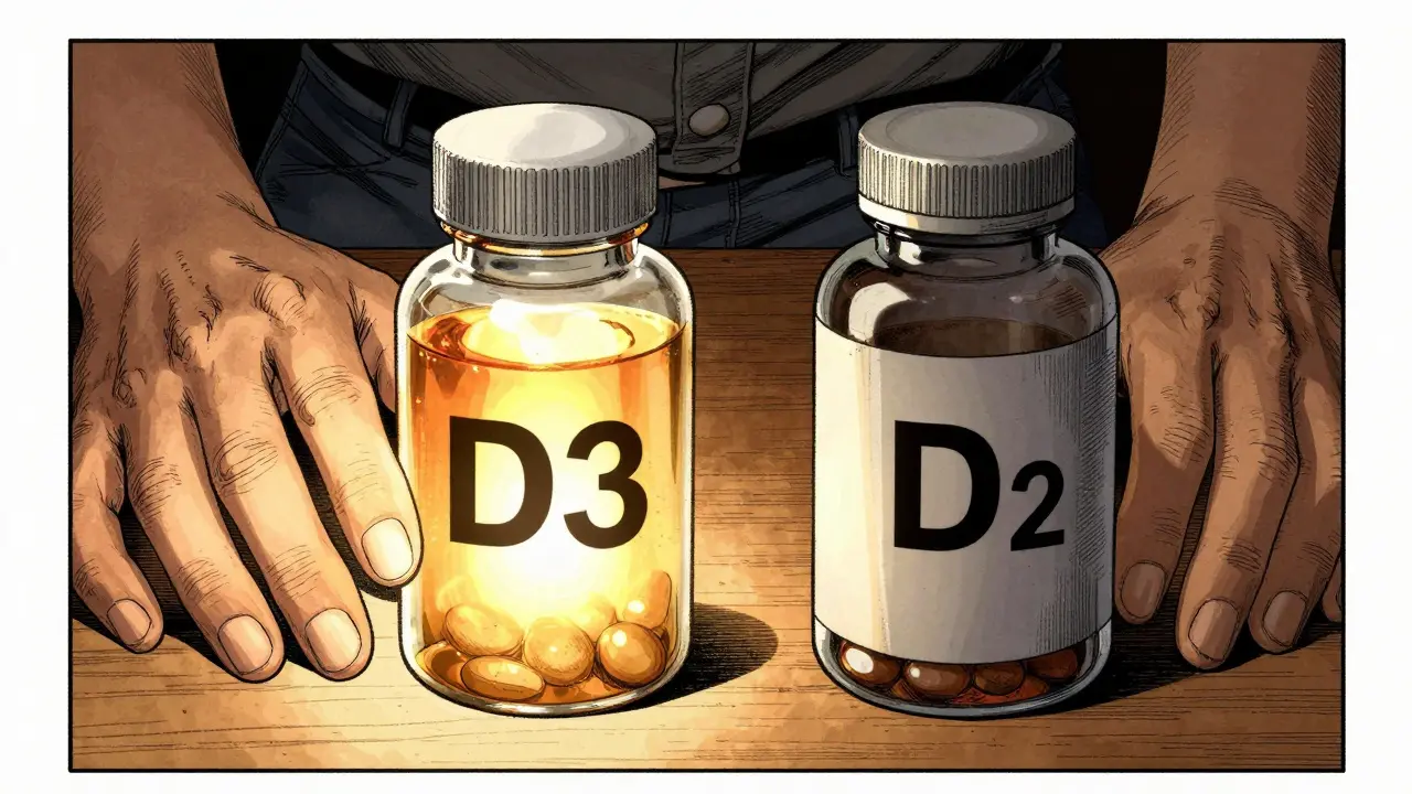 Hand choosing a glowing vitamin D3 bottle over a dull one