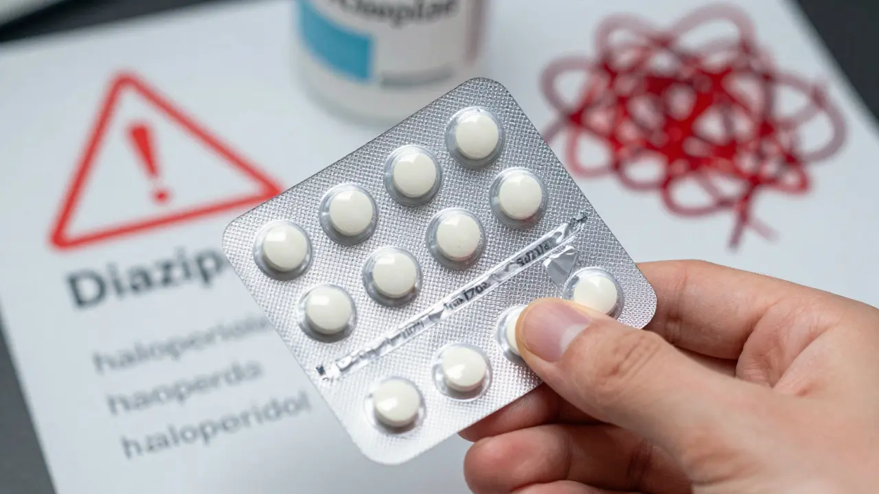Hand inspecting genuine diazepam pills against risky background