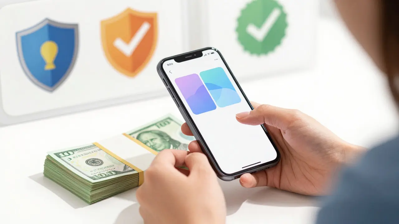 Hands saving money while checking digital coupons on phone