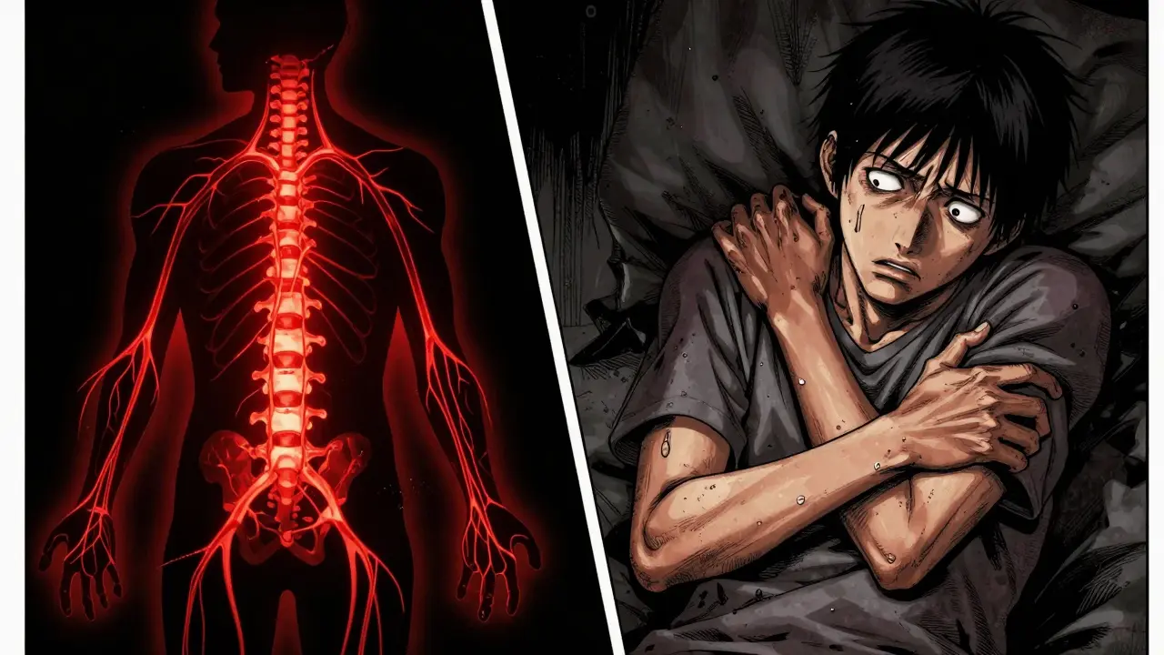 Manga art showing nerve damage symptoms and distress