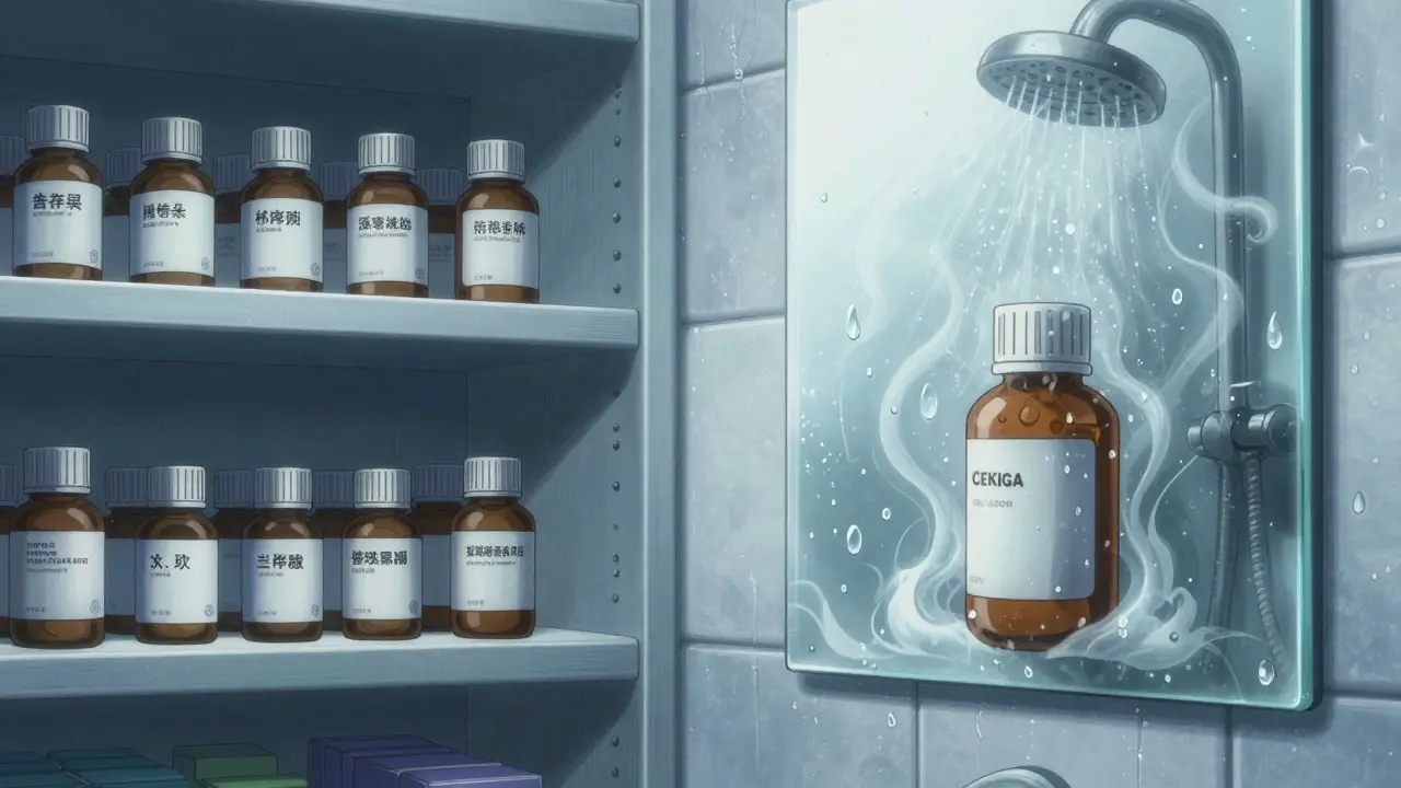 Medicine stored safely in closet versus humid bathroom