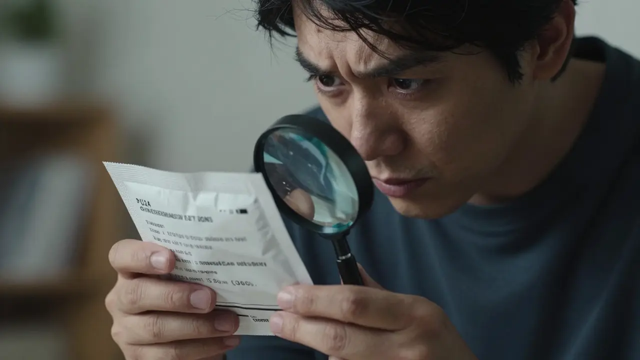 Person inspecting medication package seal with magnifying glass