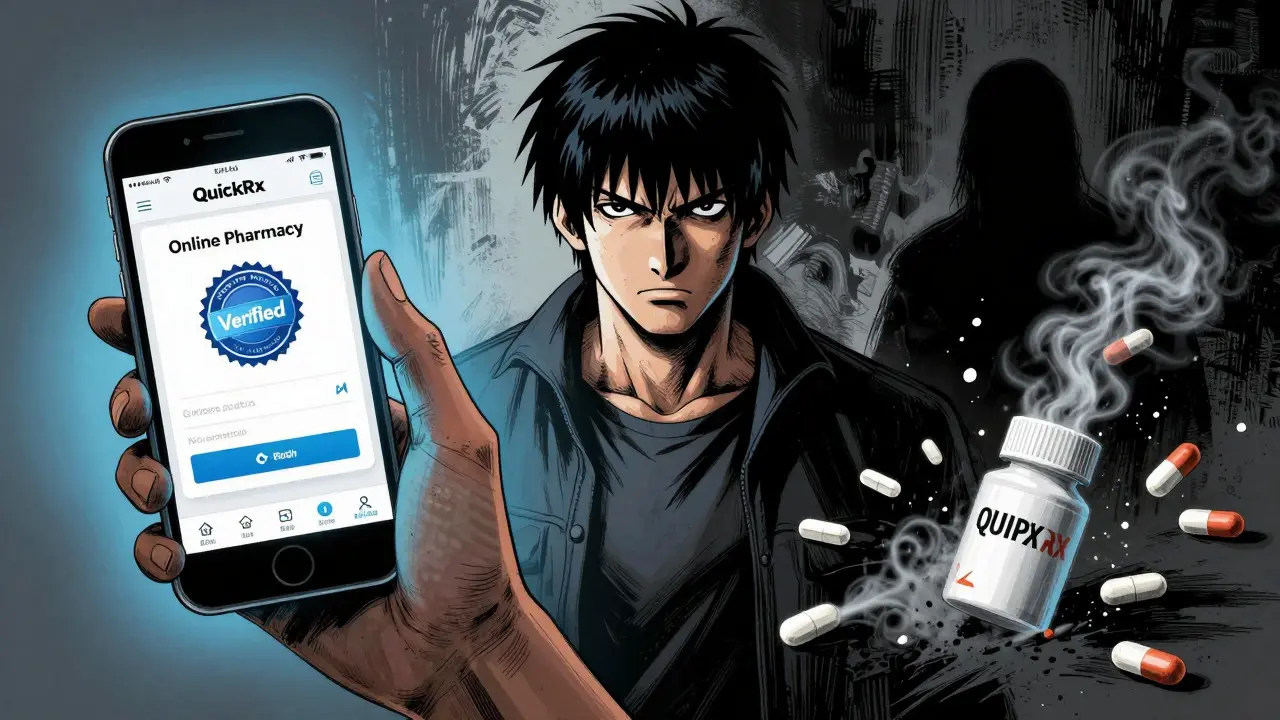 Person ordering meds online safely vs fake drugs in Gekiga art