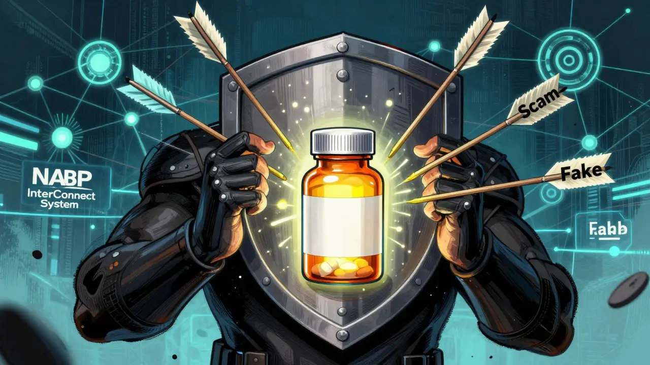 Shield protecting medication from scam arrows