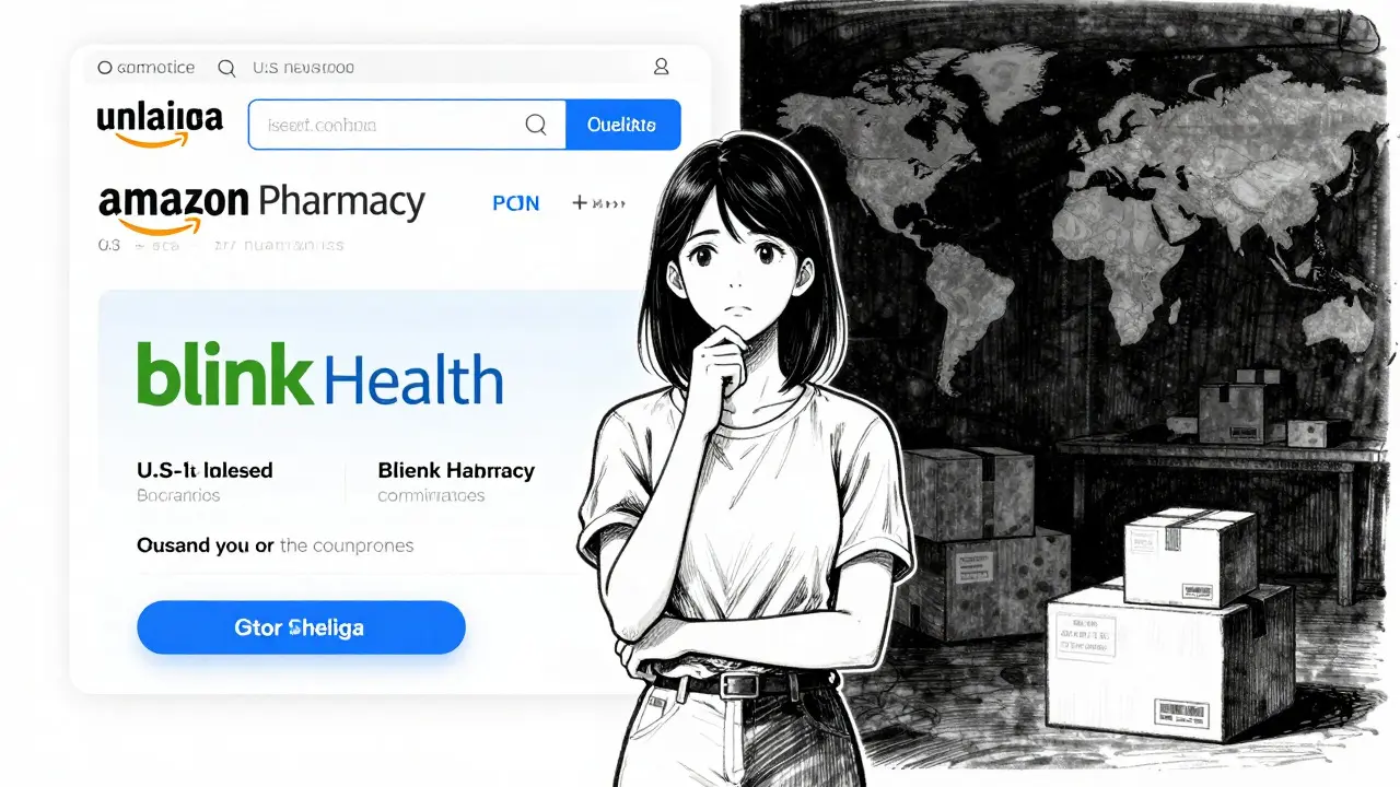 Split view comparing domestic and international pharmacy options