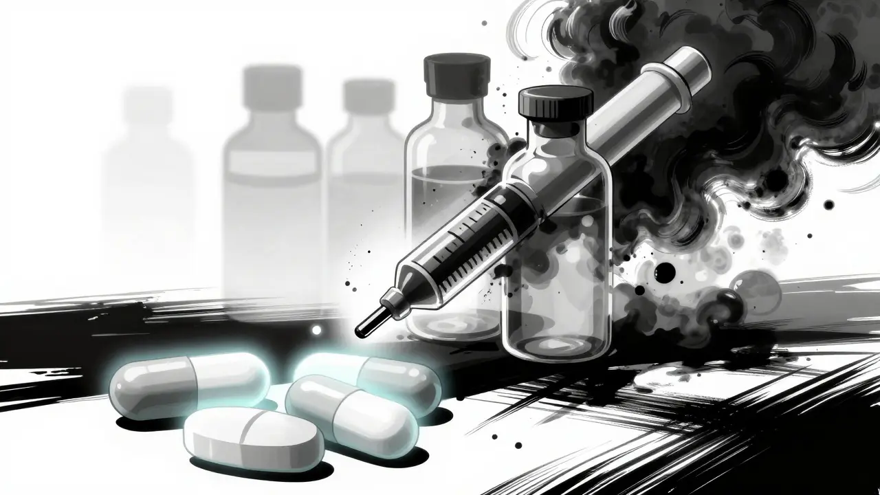 Stable pills vs degrading liquids in stylized manga art