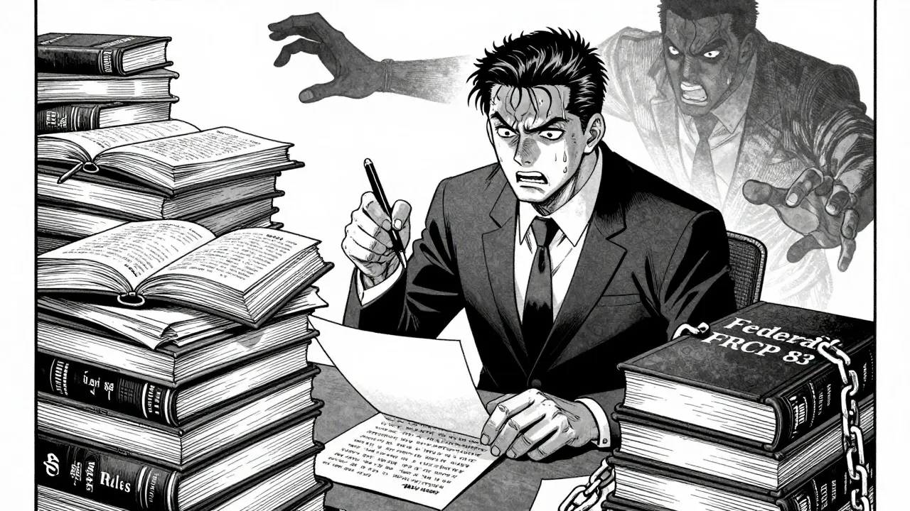 Stressed lawyer surrounded by conflicting state and federal legal rules in a dark Gekiga manga panel.