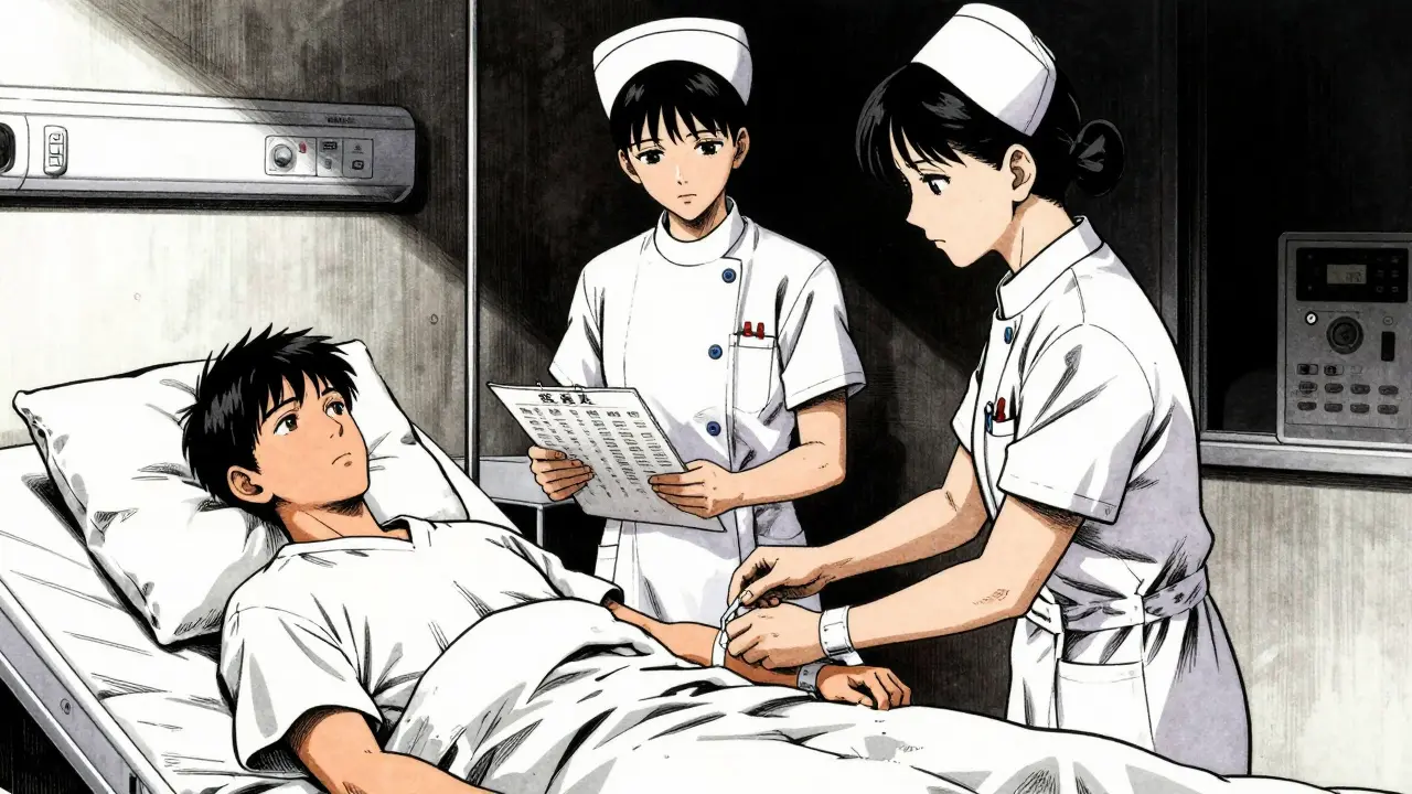 Two nurses verifying patient identity at bedside