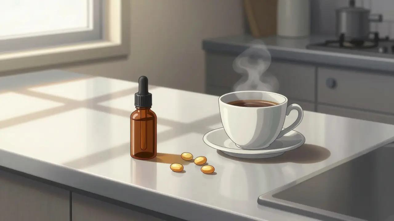 Vitamin supplements arranged on a sunlit kitchen table