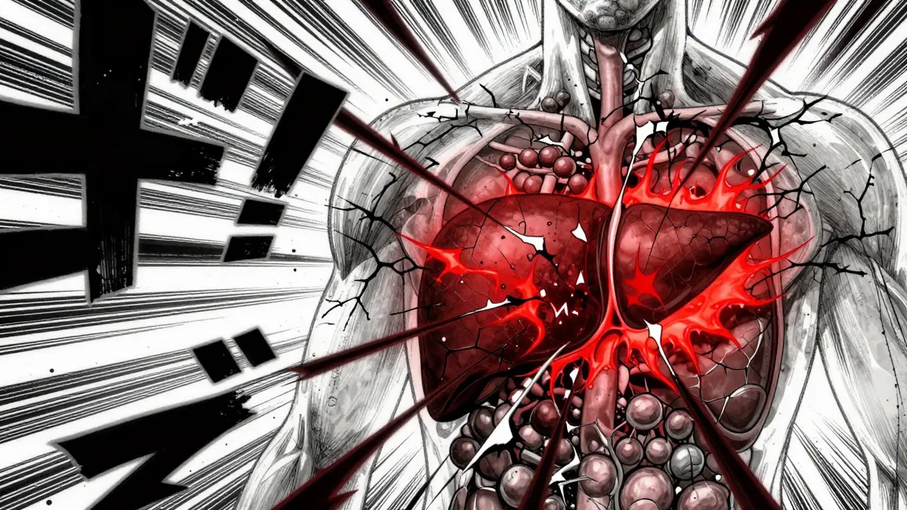 Abstract depiction of dangerous drug interactions affecting the liver
