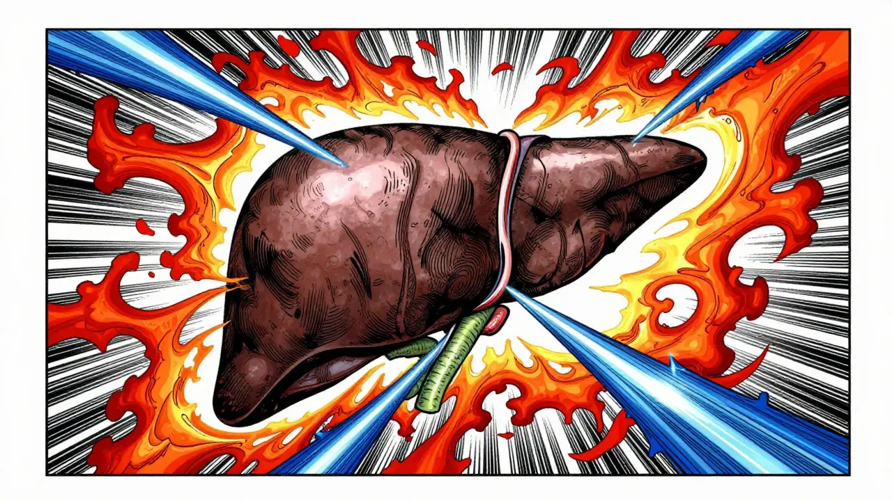 Abstract depiction of liver strain and lactate buildup in Gekiga style