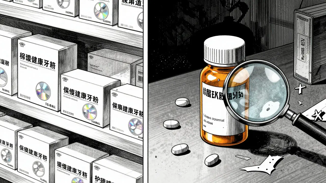 Comparison of real vs fake medicine packaging details