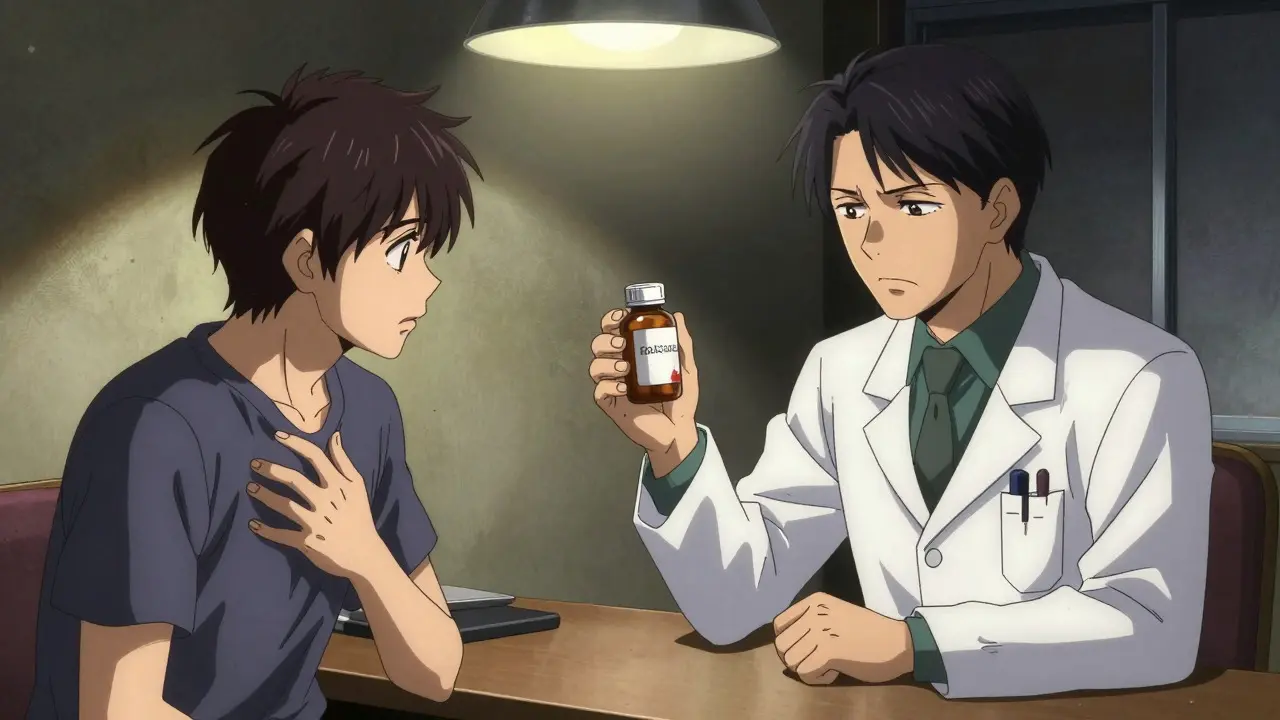 Doctor and patient discussing garlic supplement risks in a dimly lit office