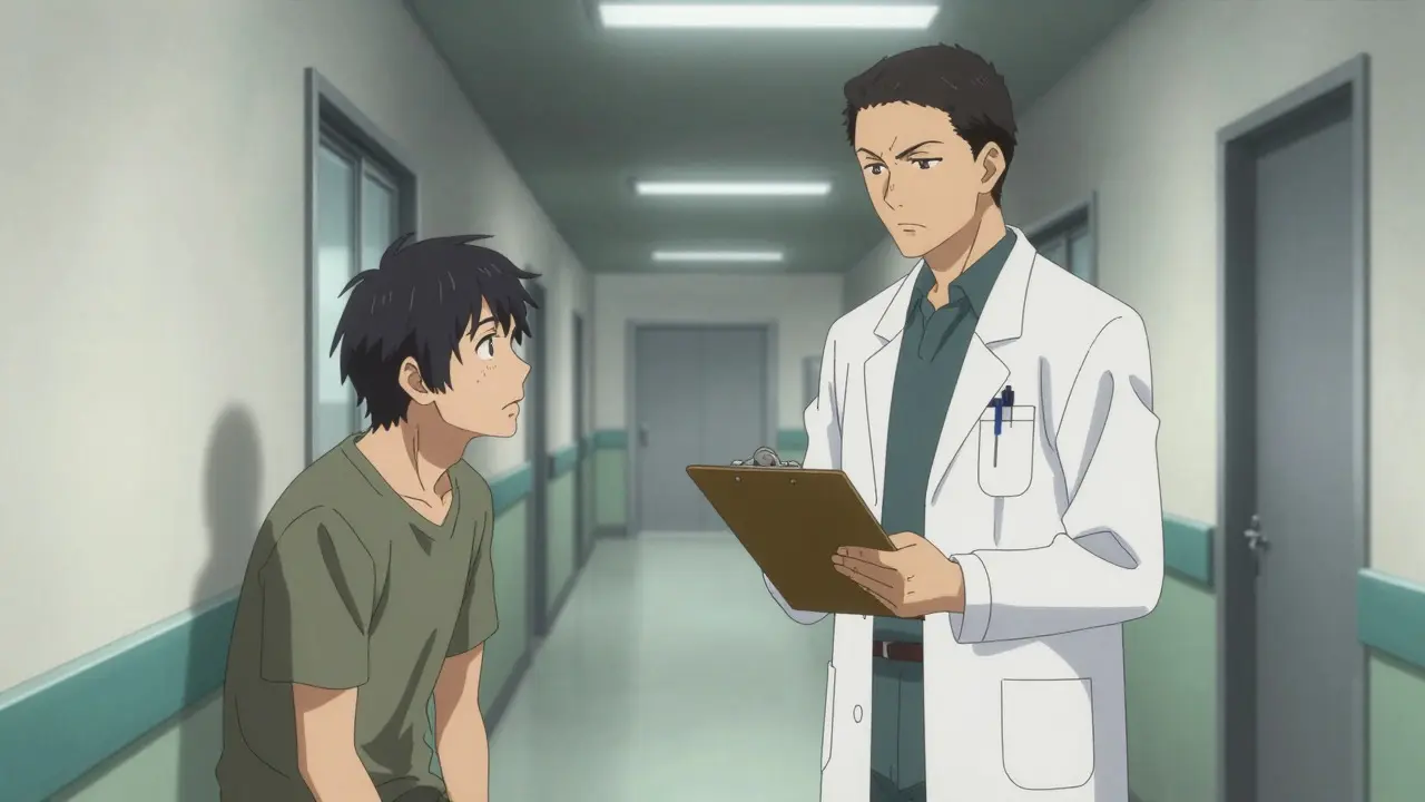 Doctor consulting with a patient in a hospital hallway, Gekiga style