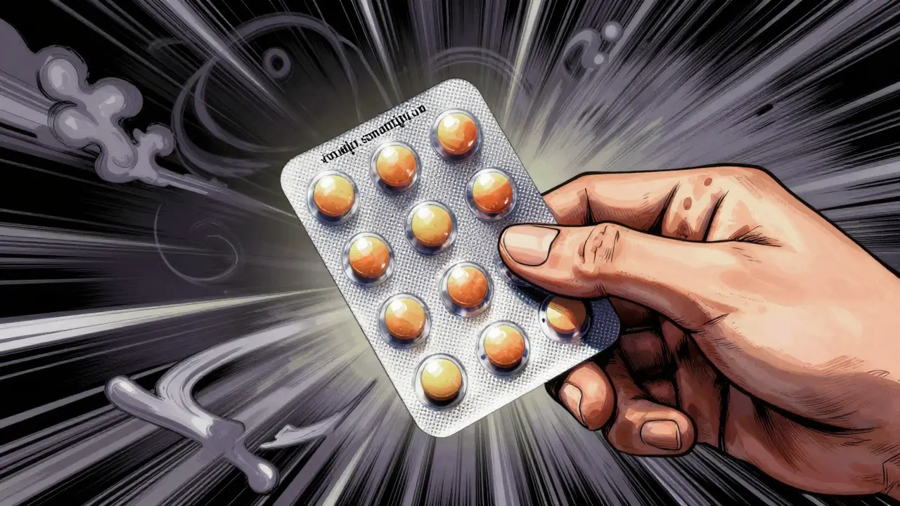 Hand holding migraine medication blister pack with dramatic swirling background