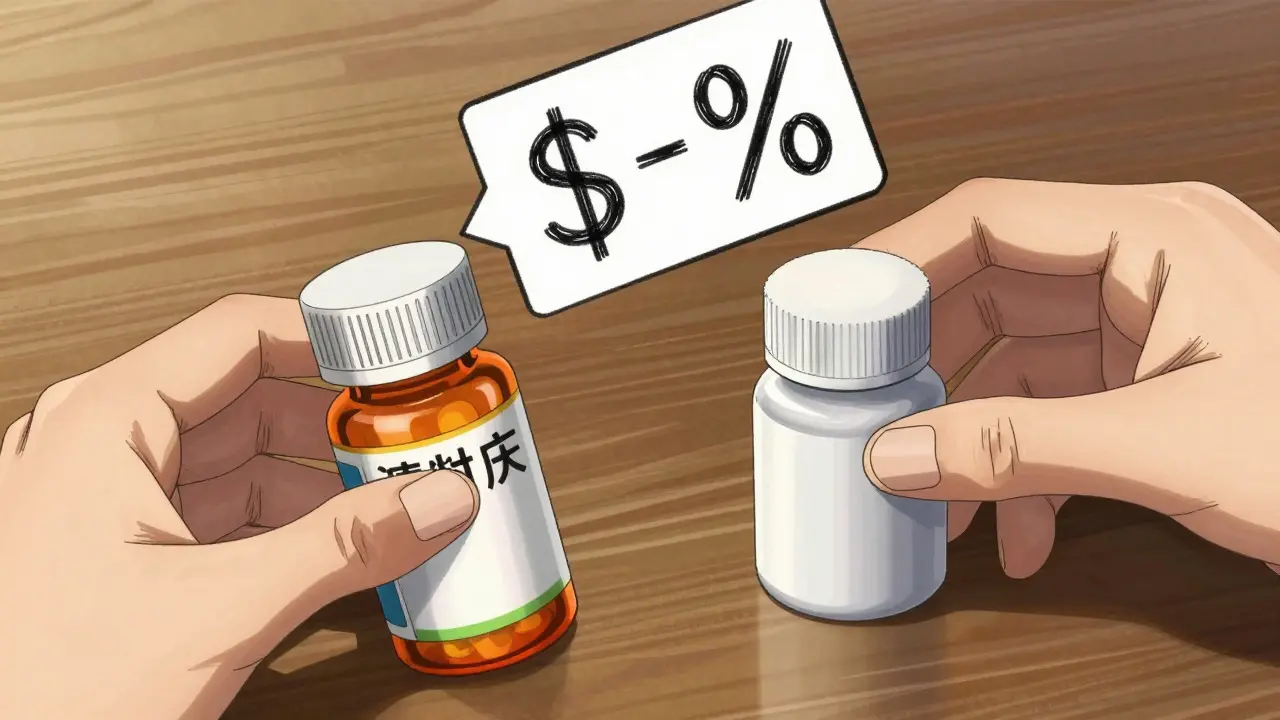Hands comparing brand-name and generic medication bottles on a table