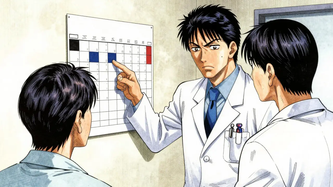 Manga doctor explaining medication timing to an anxious patient in dramatic lighting.