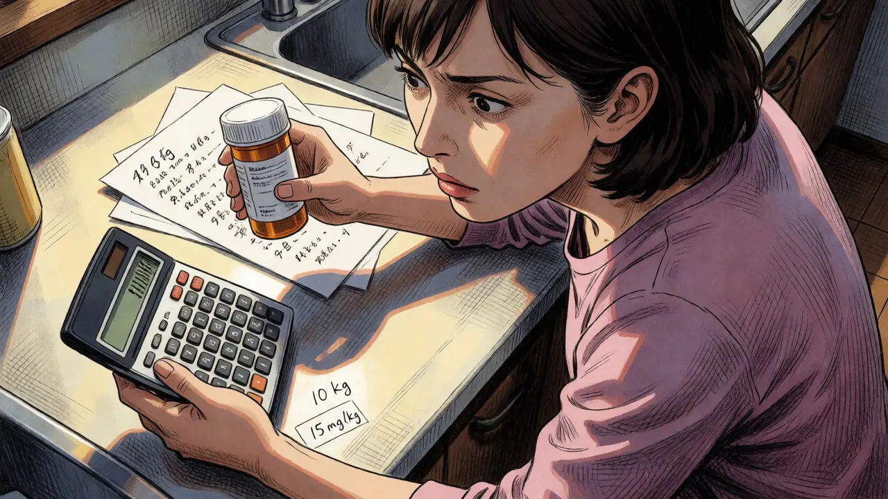 Parent intensely calculating pediatric dosage using a calculator and prescription bottle.