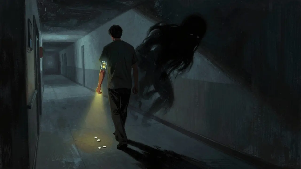 Patient monitoring glucose while walking through shadows during steroid tapering phase.
