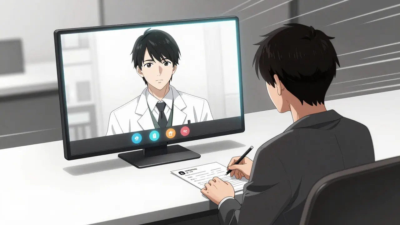 Patient receiving digital prescription via video call in Gekiga style