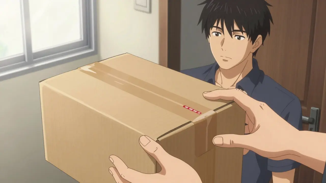 Person receiving a sealed medication delivery box at their door