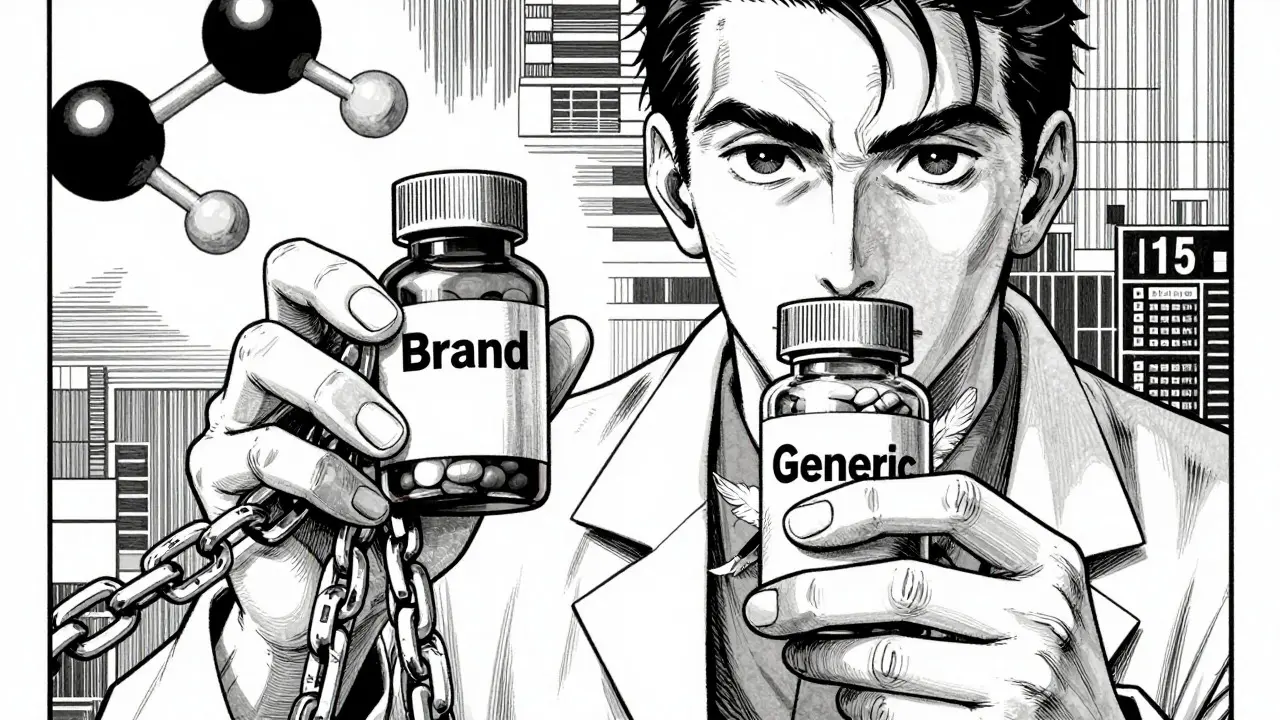 Pharmacist comparing brand name vs generic pills