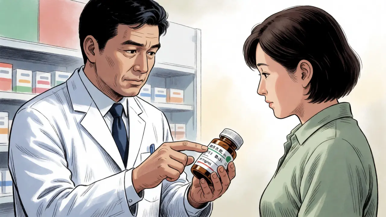 Pharmacist explaining medication details to a parent in a serious consultation.