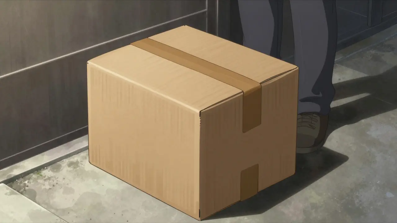 Plain medicine package on doorstep in high-contrast Gekiga style