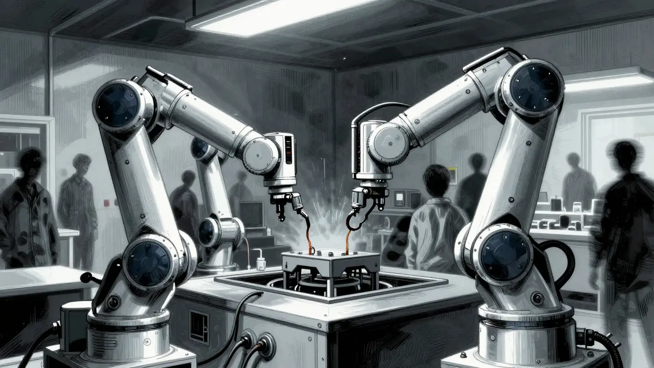 Robotic arms automating sterile drug production in a cleanroom