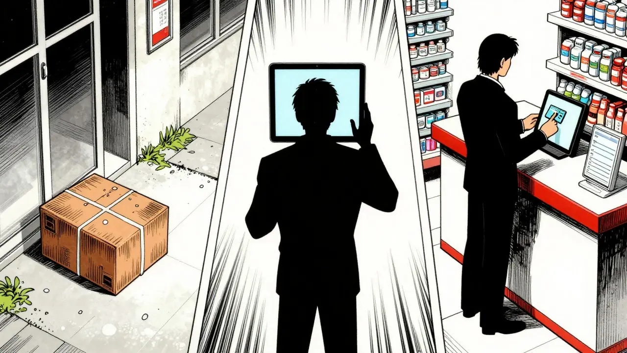 Split view of shipping, telemedicine, and pharmacy pickup options in manga art