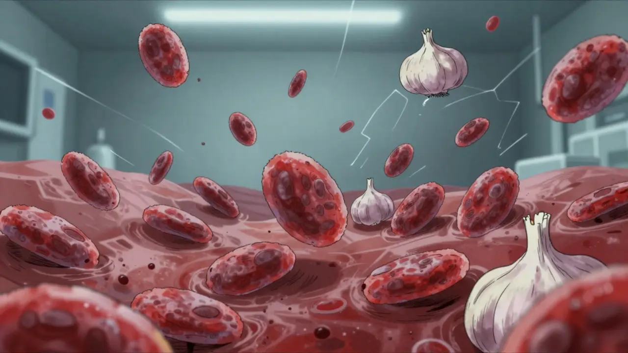 Stylized depiction of platelets failing to clot due to garlic influence in a medical context