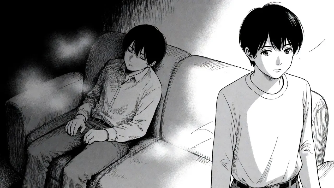 Contrast between drowsy person on sofa and alert person in Gekiga art