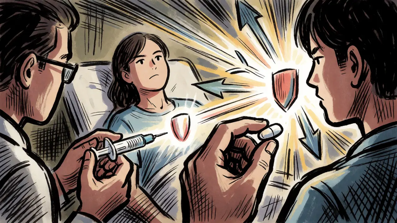 Patient receiving injection or medication for chronic hives in Gekiga style
