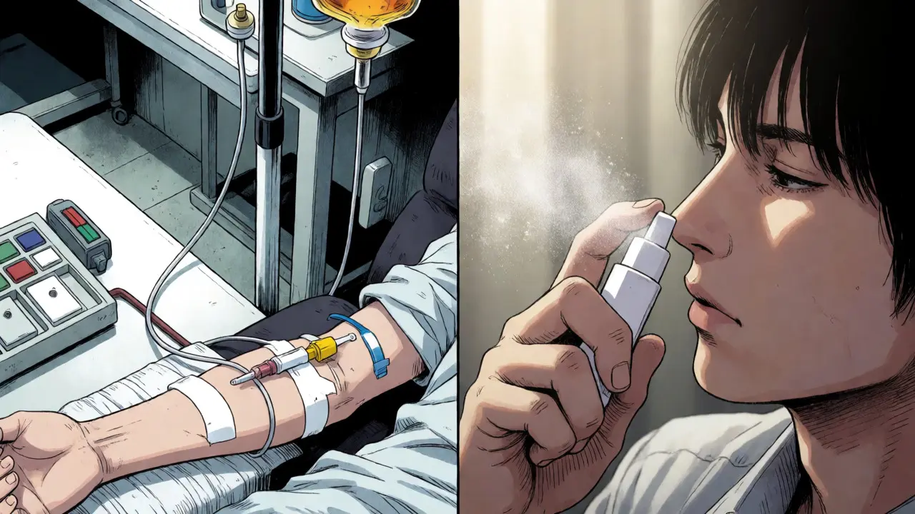 Split view comparing IV ketamine infusion with esketamine nasal spray administration.
